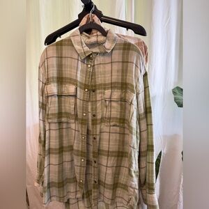 American Eagle Outfitters Olive & Cream Plaid Snap-Front Shirt